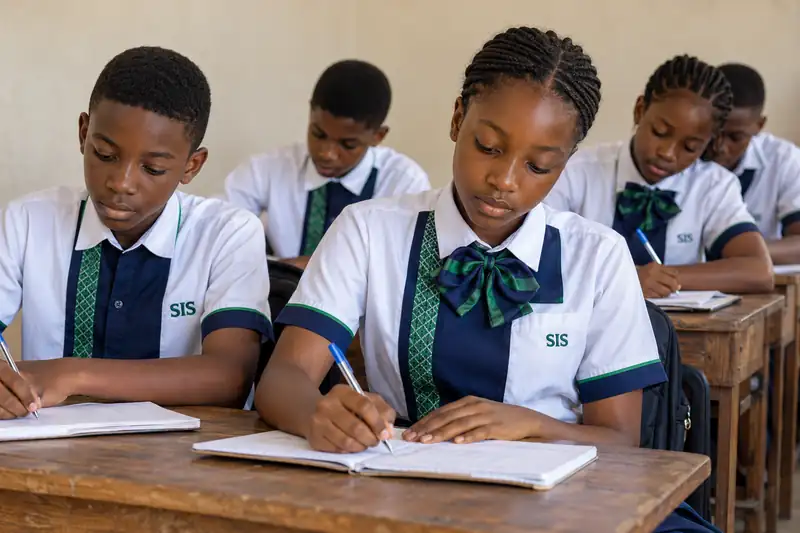 Pupils learning in a bright classroom